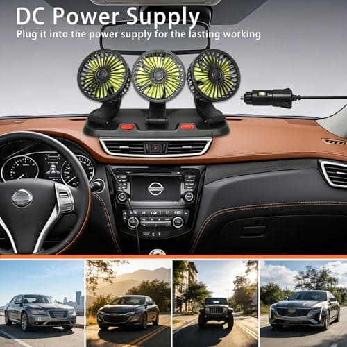 Portable 3 Head Car Cooling Fan 12V-360 Rotation,2 Speeds,for Car Dashboard, Powerful Cooling Solution for Sedan/SUV/RV/Truck/Van Vehicles,Cigarette Lighter Powered (3 Head-12v) — view 2
