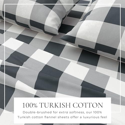 Extra Soft Buffalo Check 100% Turkish Cotton Flannel Sheet Set. Warm, Cozy, Lightweight, Luxury Winter Bed Sheets. Belle Collection (Queen, Navy)