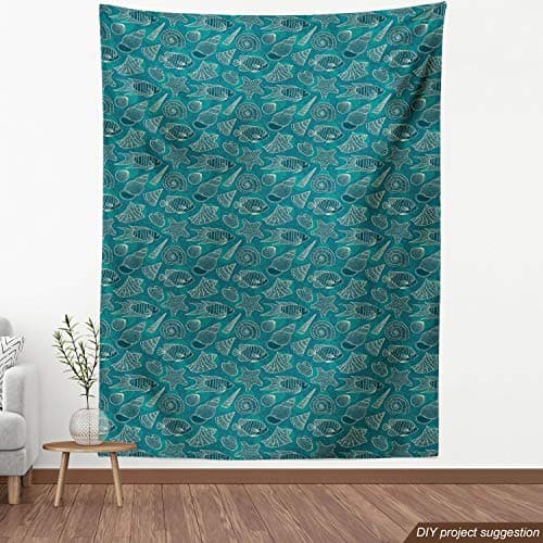 Ambesonne Sea Shells Fabric by The Yard, Nautical Ocean Pattern Underwater World Sea Life Theme Sketch Style, Decorative Fabric for Upholstery and Home Accents, 2 Yards, Petrol Blue — view 3