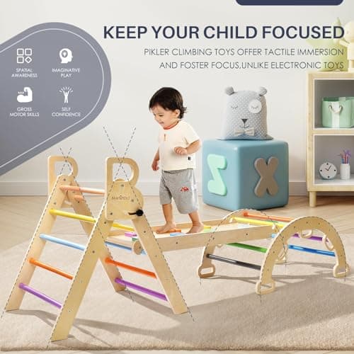BlueWood Pikler Triangle Set, 7-in-1 Foldable Wooden Toddler Climbing Toys Indoor Playground Jungle Gym Montessori Philosophy Climber for 2-6 Years Old, Baby, Kids (Rainbow) — view 5