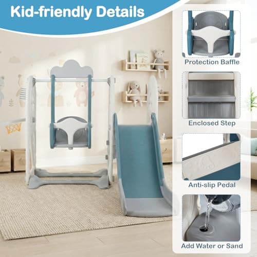OLAKIDS Toddler Slide and Swing Set, 5 in 1 Bus Themed Baby Slide with Climber Basketball Hoop Car Playhouse for Indoor Outdoor Boys Girls Aged 3+ (Blue) — view 8