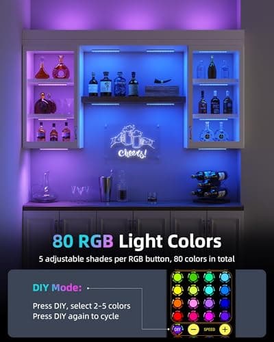 EZVALO 80 RGB Color Changing Under Cabinet Lighting Wireless, 1800mAh Rechargeable Shelf Lights, Timer & Dimmable, Magnetic, Bar Light with Remote for Kitchen, Cabinet, Display Case, 8Pack