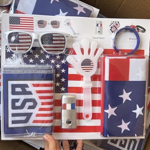 2026 World Cup Merch Soccer Fan Kit 6Pcs USA Soccer Fan Gear Set with American Flag, Glasses, Face Paint, Wristband, Clappers, Scarf - for Stadiums, Watch Parties, Patriotic Day 250 Anniversary — view 5