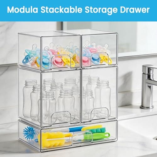 Clear Stackable Storage Drawers Organizer, Acrylic Drawer Cabinet Organizer Set for Beauty Supplies Baby bottle, Plastic Storage Drawer Bins for Vanity, Bathroom, Pantry, 5 Pack — view 3