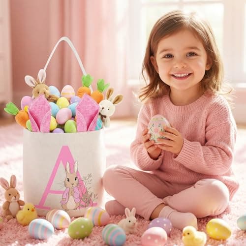 OXYEFEI Easter Baskets for Kids,Pink Personalized Easter Basket with Initial for Girl Boy Kids (A, Pink) — view 2
