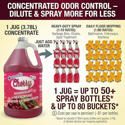 atoms-Bio CHERRY 3-in-1 Odor Eliminator & Sanitizer Concentrate – Industrial Cleaner & Deodorizer for Floors, Carpets, Bathrooms, Drains, Garbage, Pet Odors - CFIA Accepted - 3.78 L -Made in Canada — view 2