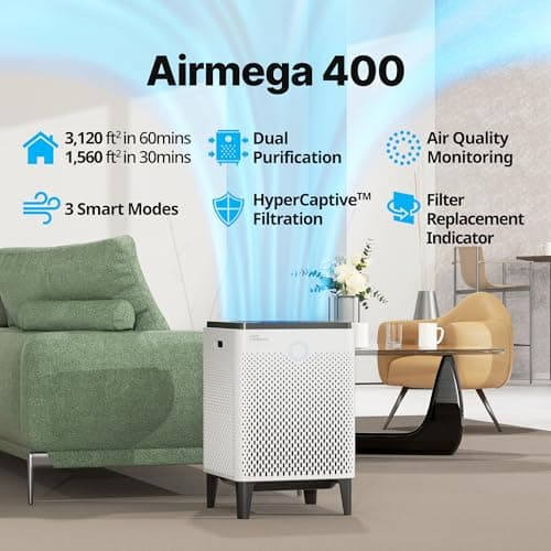 COWAY Air Purifier for Home Up to 3,120ft², Washable Pre-Filter and HEPA Filter for Smoke, Allergies, Pet Dander, Odor, AQI, Auto & Sleep Mode, Timer, 5yr Warranty, Airmega 400 White, AP-2015F