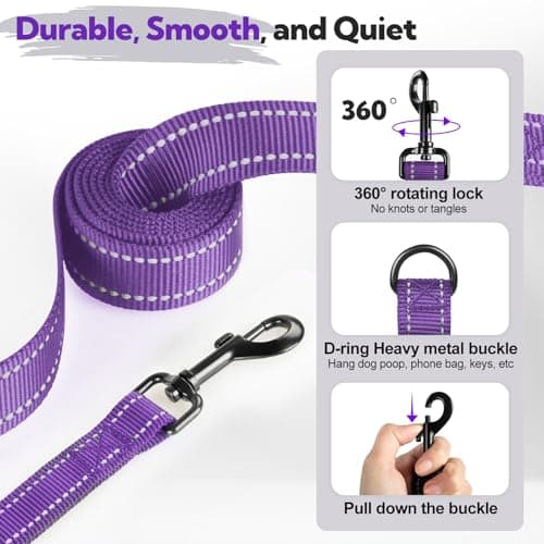 Dual-Handle Dog Leash 6FT, Heavy Duty Nylon with Reflective Threads,Purple — view 5
