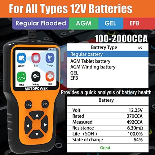 MOTOPOWER MP0515A 12V Car Battery Tester Automotive 100-2000 CCA Battery Load Tester Auto Cranking and Charging System Tester — view 2