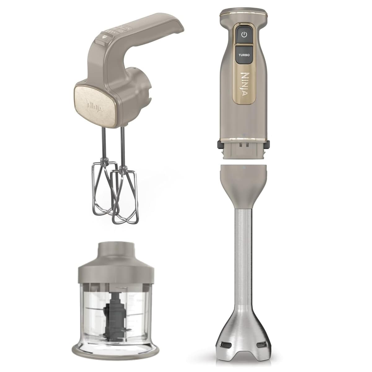 Ninja Foodi 3-in-1 Hand Blender, Hand Mixer & Chopper with Gradual Start, 2 Blending and 5 Mixing Speeds to Chop, Mix, Knead, Blend and more, Dishwasher Safe Parts, 850W, Stone Gold CI100UKSTGD