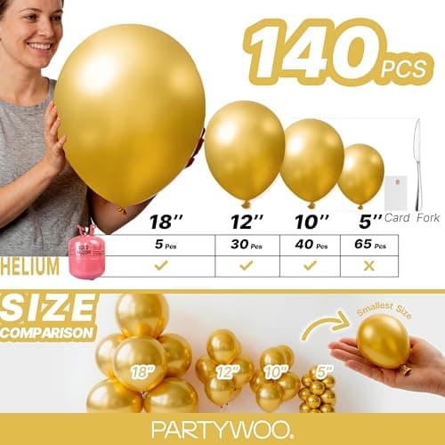 PartyWoo Gold Balloons 140pcs Different Sizes of 18 12 10 5 Inch Gold Balloon Arch Kit Garland for Birthday Wedding Anniversary Baby Shower Graduation Retirement Casino Party Decorations Gold-G101 — view 5