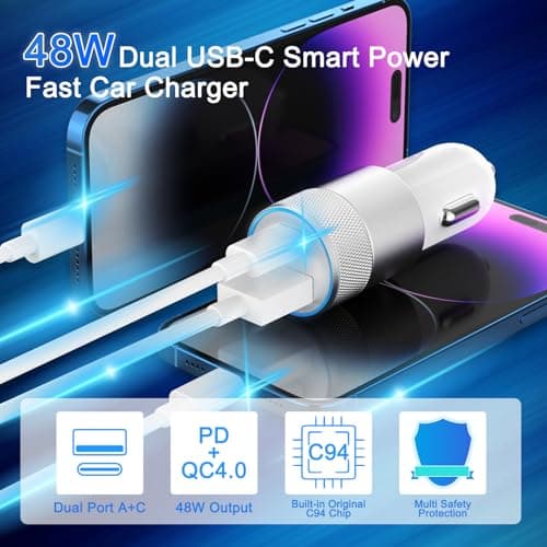 Fast Car Charger and Carplay Cable, 48W Dual Port USB A and USB C Car Charger Adapter with 2Pack High Speed Charging L ightning Cable for i Phone 14/14 Plus/14 Pro Max/14 Mini/11/SE/X, i Pad and More