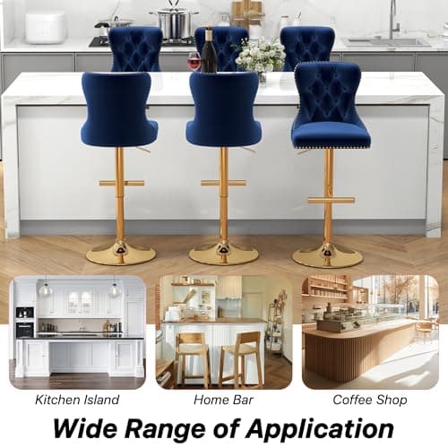 GOOLON Bar Stools Set of 2, Velvet Swivel Counter Height Stools with Tufted Back, Adjustable Seat with Nailheads Trim, Upholstered Bar Chairs with Gold Base for Kitchen Island, Pub, Blue — view 8