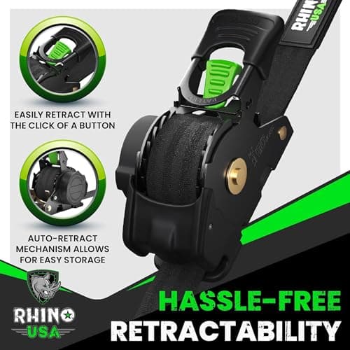 Rhino USA Retractable Ratchet Straps (4-Pack) - 1 Inch x 10 Feet (1,209lb Break Strength) - Auto Self Retracting Tie Down Straps for Truck, Cargo Trailer, Motorcycle, ATV, UTV - Black — view 2