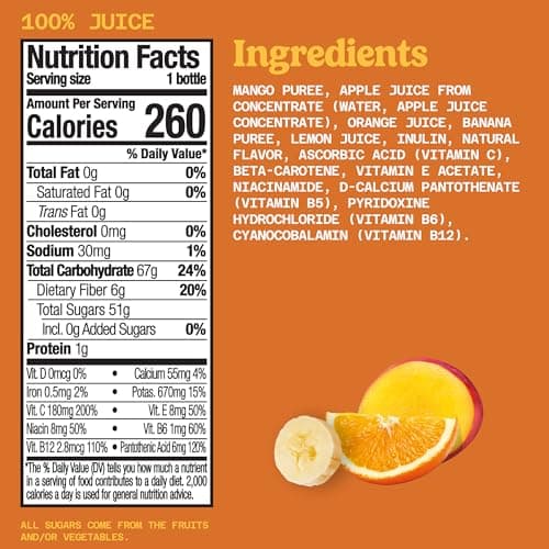Naked Boosted Smoothie Mighty Mango Machine, 15.2 fl oz Bottle - Real Fruit Juice Smoothie with Fiber, Excellent Source of Vitamin C and Vitamin E for Immune Support
