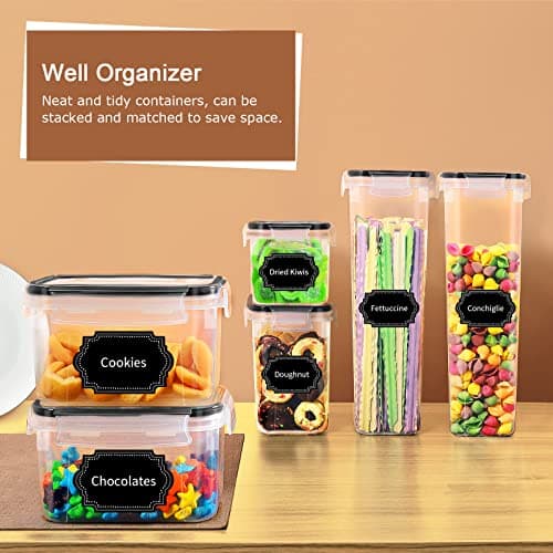 PRAKI Airtight Food Storage Container Set with Lids, 16 Pcs Plastic Dry Food Canisters for Kitchen Pantry Organizers and Storage, Ideal for Cereal, Flour & Sugar - Labels, Marker(Black) — view 5