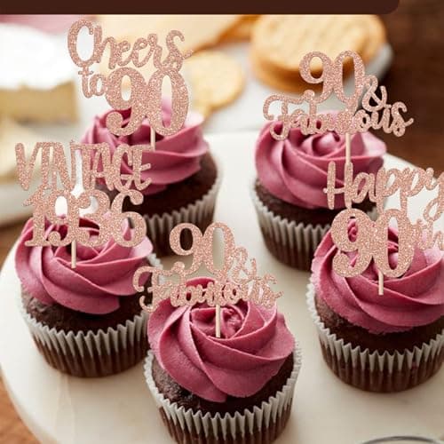 ZHUOWEISM 24 PCS Happy 90th Birthday Cupcake Toppers Glitter Ninety 90 Fabulous Vintage 1936 Cupcake Picks for Cheers to 90 Years 90th Birthday Wedding Anniversary Party Cake Decorations Rose Gold — view 4