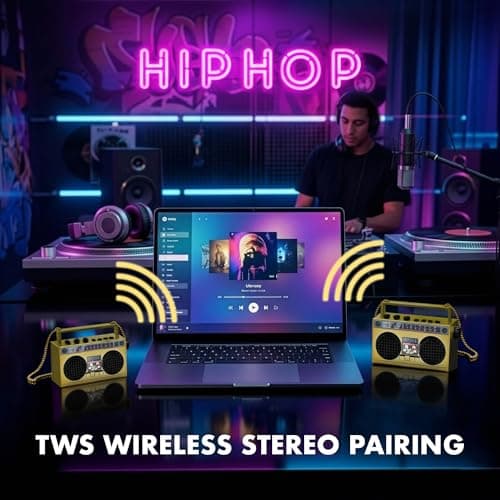 Portable Bluetooth Speakers, Retro Speakers Bluetooth Wireless Wearable Mini Bluetooth Boombox with 27” Neck Chain, FM Radio, On-Board Buttons, Dual 3W Peak Power Bluetooth Speaker for Home & Travel — view 5