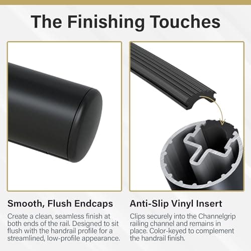 Promenaid Black 4ft Flush Handrail Kit - Complete Indoor/Outdoor Stair Handrail - Modern 1.6" Round Satin-Anodized Aluminum Railing with 2 Satin Black Painted Pivoting Wall Brackets & Flush Endcaps — view 4