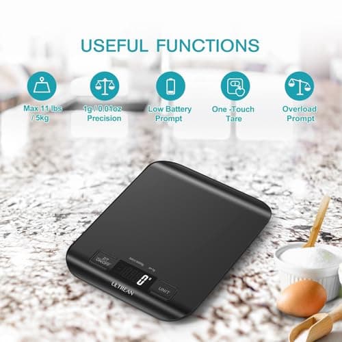 Ultrean Food Scale, Digital Kitchen Scale Weight Grams and Ounces for Baking and Cooking, 6 Units with Tare Function, 5kg/11lb (Batteries Included) (Black) — view 2