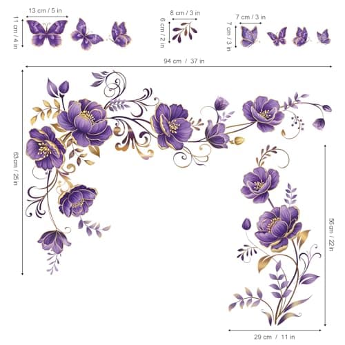 wondever Purple Gold Flowers Wall Stickers Flower Vine Butterfly Floral Peel and Stick Wall Art Decals for Sofa TV Background Living Room Bedroom — view 3