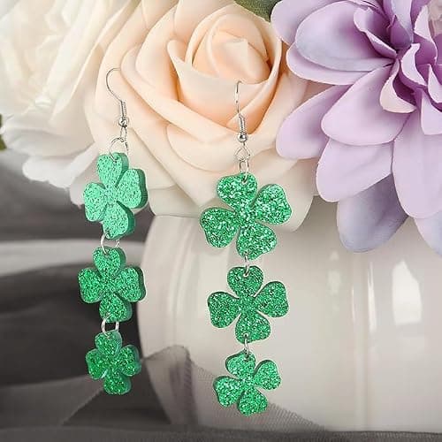 St. Patrick's Day Green Shamrocks Clover Lucky Grass Earrings for Women,Good Luck Dangling Earrings,Irish St. Patrick's Day Decorations Accessories. — view 3