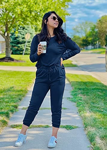 PRETTYGARDEN Women Fall 2 Piece Lounge Outfit Long Sleeve Tops High Waisted Jogger Pants Set Spring Travel Clothes Tracksuit (Dark Blue,Large) — view 3