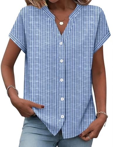 Zeagoo Striped Button Down Shirts for Women Business Casual Dressy Tops Short Sleeve Work Blouses Spring Outfit