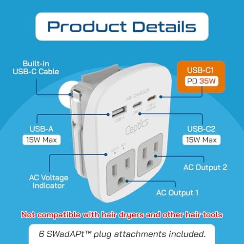 Ceptics 35W Universal Travel Adapter Kit – 2 USA sockets, USB-A, USBC, 1x PD 35W USB-C and USBC Cable, Surge Protected, Plugs for EU, UK, China, AU, Japan - for Laptop, Phone, Camera-ETL Tested — view 2