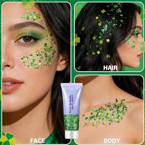 Go Ho Shamrock Face Body Glitter,St Patricks Day Hair Glitter Makeup,Self Adhesive Holographic Green Chunky Sequins Glitters,Irish Festival Four Leaf Clover Green Accessories — view 3