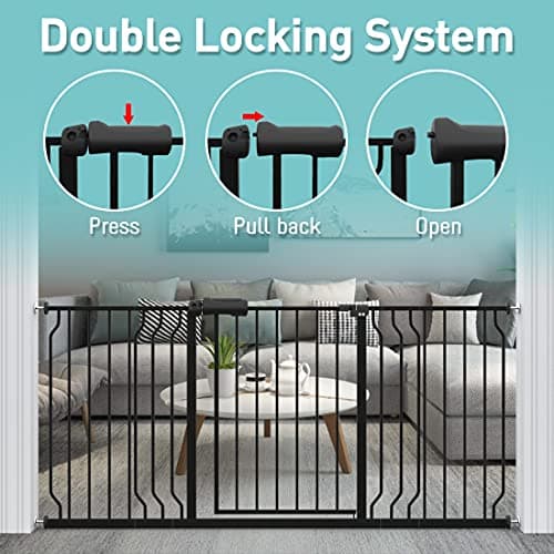WAOWAO Baby Gate 52.76-57.48inch Extra Wide Pressure Mounted 53 54 56 57 Inches Walk Through Swing Auto Close Safety Black Metal Toddler Kids Child Dog Pet Puppy Cat for Stairs, Doorways, Kitchen — view 2