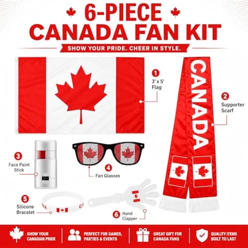 Canada Soccer Fan Gear Set - 6-Piece Red & White Supporter Kit: 3x5ft Flag, Scarf, Hand Clapper, Face Paint, Fan Glasses & Silicone Bracelet - Perfect for 2026 Match Day & National Celebrations — view 3