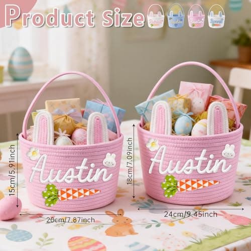 Dyoart Personalized Easter Baskets, Custom Name & Icon Easter Basket with Cute Ears, Hand-Woven Easter Egg Hunt Bag, Customized Easter Gifts Decor for Boys Girls, Cotton Rope Tote Color01 — view 5