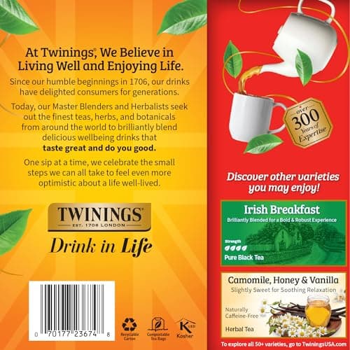 Twinings English Breakfast Black Tea Individually Wrapped Bags, 100 Count (Pack of 1), Smooth, Flavourful, and Robust, Caffeinated, Enjoy Hot or Iced, 100 Teabags — view 4
