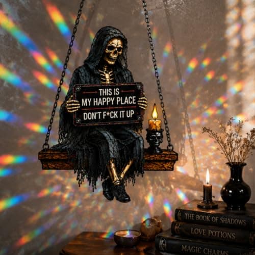 Gothic Skeleton Sun Catcher Handmade Stained Glass Spinner, This is My Happy Place Skeleton Hanging Indoor Window, Funny Sun Catchers Gothic Decor Horror Gifts for Women Men Friend — view 4