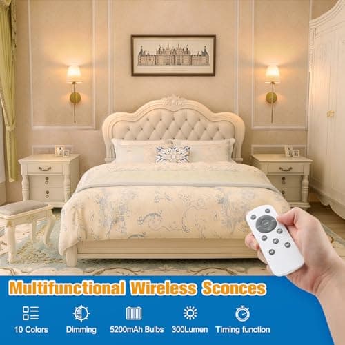 NIORSUN Battery Operated Wall Sconce Set of 2,Gold Rechargeable Wall Lights with 10400mAh Dimmable Bulbs and Remote,10 Colors Wireless Wall Lamps for Bedroom Living Room Hallway Decor