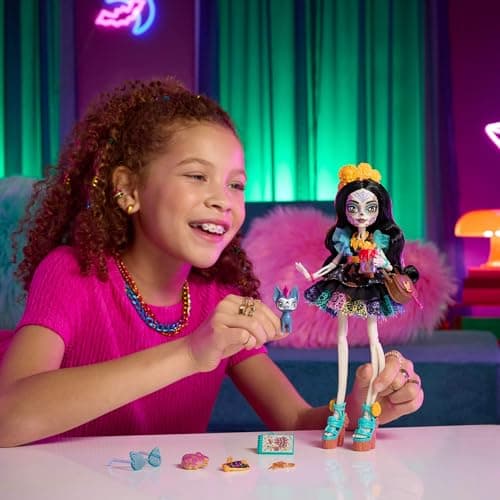 Monster High Doll, Skelita Calaveras in Colorful Papel Picado Dress with Pet Dog Candelita and 7 Accessories Like Sketch Book, Snack and Messenger Bag