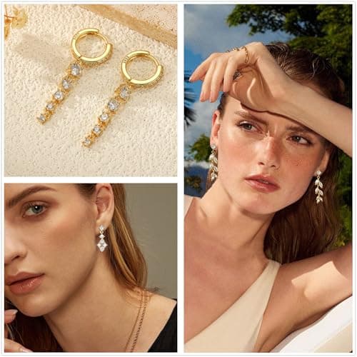 Lunvky 14K Gold Plated Dangle Earrings for Women Dainty Silver Drop Earring Trendy Long Dangling Wedding Bridesmaid Hoop Diamond Crystal Cute Earring Prom Jewelry Birthday Gifts — view 4