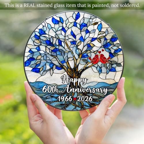 EKASPEEK 60th Wedding Anniversary Stained Glass Suncatcher, 8x8' Diamond Anniversary Decorations, 60th Celebration Marriage Gifts for Parents, Couple, Wife & Husband, 60 Wedding Milestone Keepsake — view 4