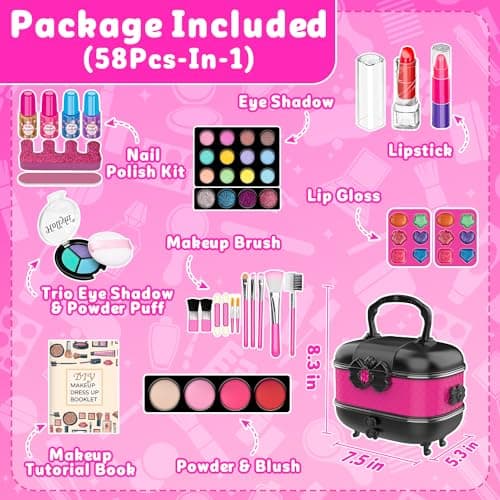 Hollyhi 58 Pcs Kids Makeup Toys Kit for Girls, Real Washable Make Up Set