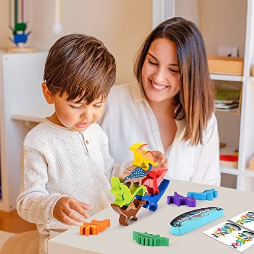IPOURUP Dinosaur Toys for Kids 3-5: Wooden Stacking Montessori Toys for 3 4 5 6 7 8 Year Old Boys Girls Birthday Gifts for Kid Ages 4-8 Balance Competition Game for Family Stocking Stuffers — view 7