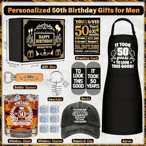 50th Birthday Gifts for Men Whiskey Glass Set, Cool Gifts for 50 Year Old Men with 11 Oz Whiskey Glass Apron Baseball Cap Sock Keychain Bottle Opener Greeting Card for Him Dad Husband Friends — view 2
