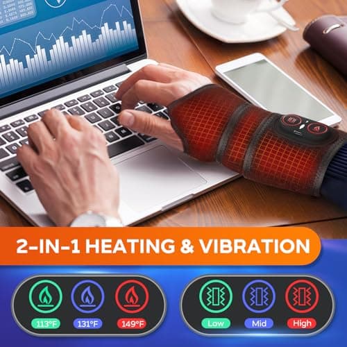 Cordless Wrist Heating Pad Wrap, Heated Wrist Brace with Vibration, Red Light Heated Wrist and Hand Massager, 3 Heat Levels, 3 Vibration Massage, Rechargeable Heating Pad for Wrist and Hand, Elbow, Black