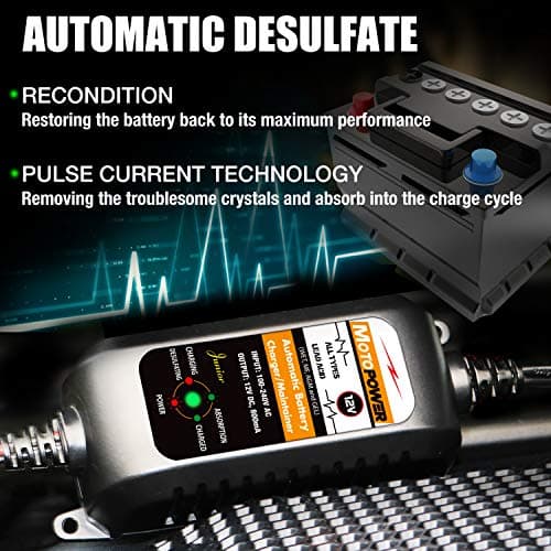 MOTOPOWER MP00205A 12V 800mA Automatic Battery Charger, Battery Maintainer, Trickle Charger, and Battery Desulfator — view 2