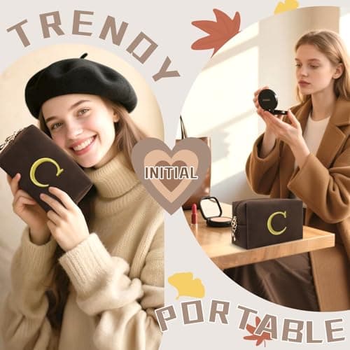 Personalized Initial Makeup Bag,Preppy Suede Cosmetic Bag for Teen Girls,Small Monogram Travel Toiletry Bag With Gold Embroidered Letter,Trendy Stuff Custom Christmas Gift for Women(Coffee-C) — view 3