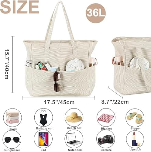 Waterproof Beach Tote Pool Bags for Women Ladies Extra Large Gym Tote Carry On Bag With Wet Compartment for Weekender Travel, S Khaki Stripes, X-Large, E2032 — view 4