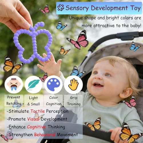 2 Pcs Baby Teething Toys Silicone Butterfly Teething Rings Over 3 Months - Baby Essentials Sensory Chew Toys -Baby Teether for Teething Relief -BPA Free Infant Toys Baby Shower Gifts (2, White,Purple) — view 4