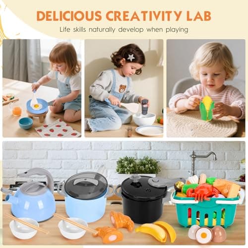 130Pcs Kitchen Playset, Toddler Pretend Cooking Play Pots, Pans, Utensils Cookware, Daily Food Fruit Veges, Shopping Storage Basket, Dessert, Prop Money, Learning Gift for Child (Blue) — view 5