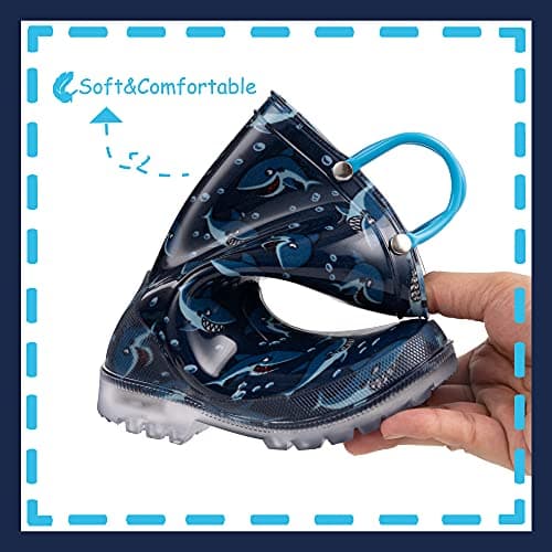 OUTEE Toddler Boys Rain Boots Little Kids Baby Light Up Printed Waterproof Mud Shoes Blue Shark Lightweight Rubber Adorable with Easy-On Handles Non Slip (Size 9,BLue) — view 4