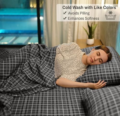 RUVANTI Flannel Sheets Queen Size - 100% Cotton Double Brushed Bed Sheets, Deep Pockets 16 Inches Queen Sheet Set, All Seasons Breathable & Extra Soft - Warm & Cozy, 4 Piece, Grey Plaid — view 4